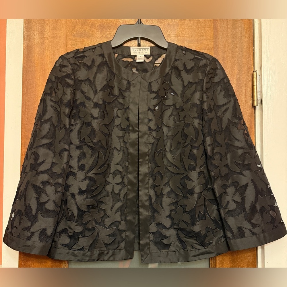 Talbots Women Sheer Evening Lace Floral Open Black Shrug Jacket Size 6